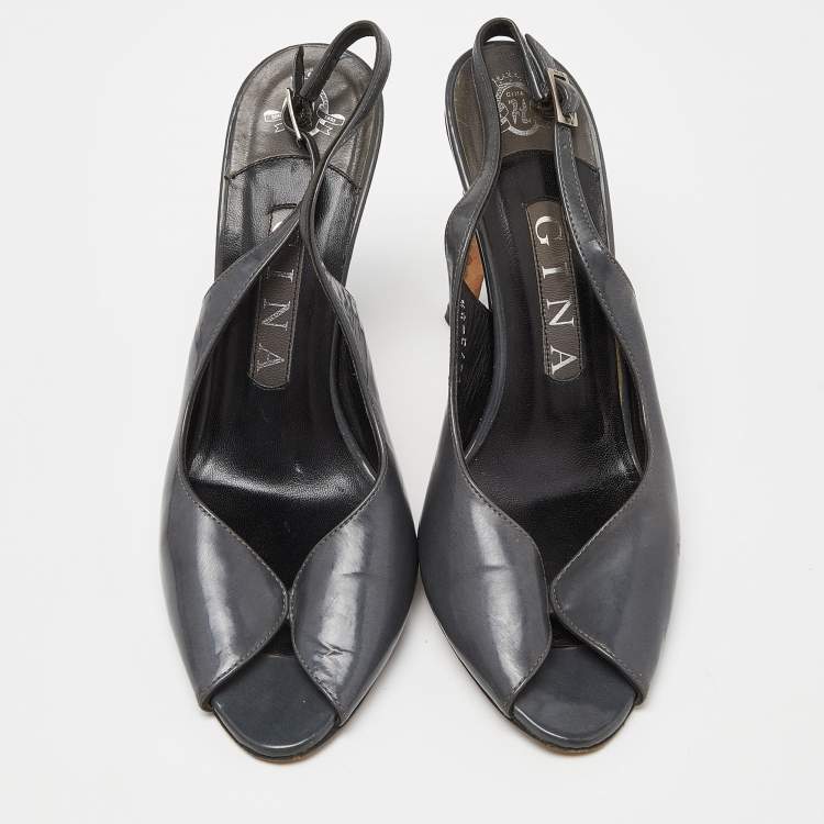 Pre Owned Gina Grey Leather Open Toe Slingback Sandals Size 37.5