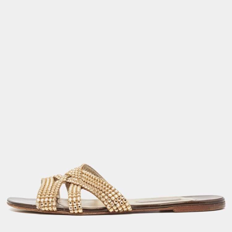 Pre Owned Gina Brown Patent Leather Crystal Embellished Zion Flat Slides Size 41.5