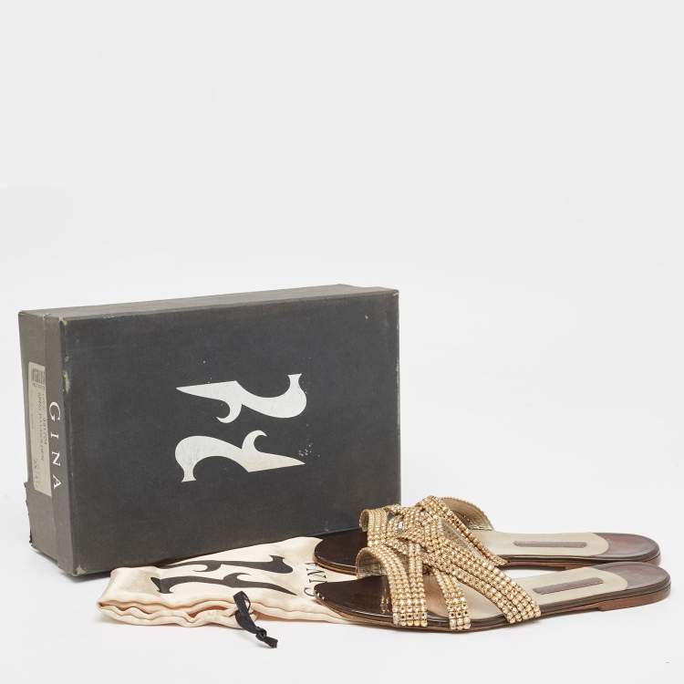 Pre Owned Gina Brown Patent Leather Crystal Embellished Zion Flat Slides Size 41.5