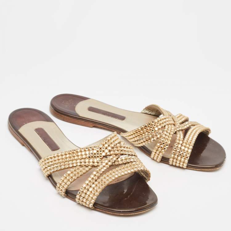 Pre Owned Gina Brown Patent Leather Crystal Embellished Zion Flat Slides Size 41.5