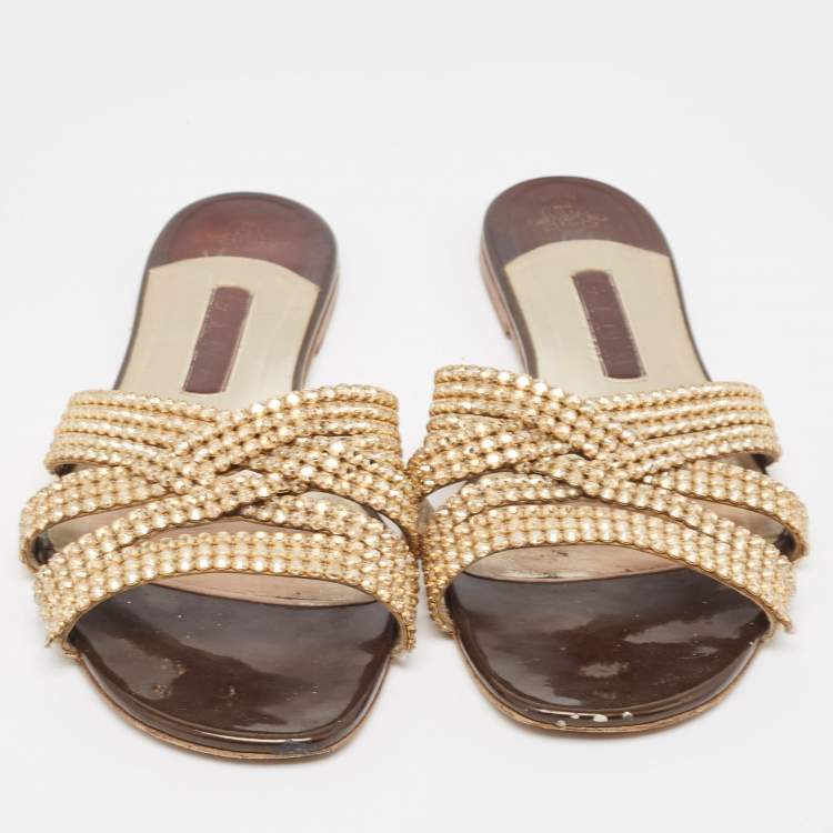 Pre Owned Gina Brown Patent Leather Crystal Embellished Zion Flat Slides Size 41.5