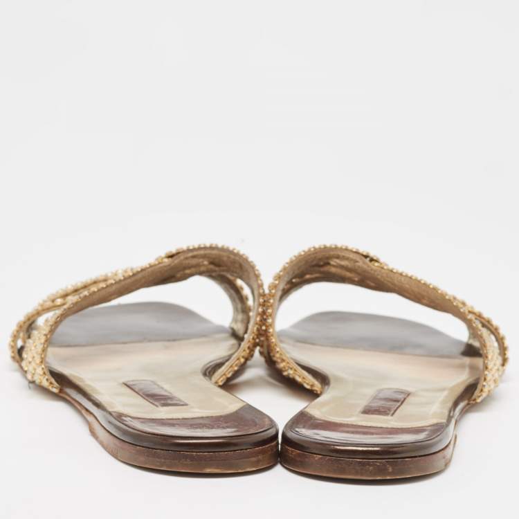 Pre Owned Gina Brown Patent Leather Crystal Embellished Zion Flat Slides Size 41.5