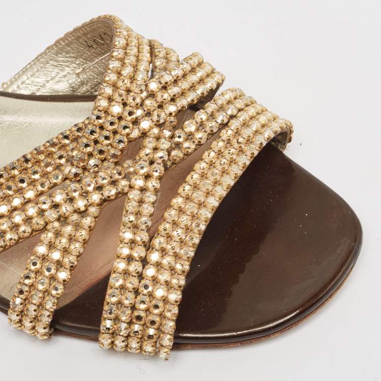 Pre Owned Gina Brown Patent Leather Crystal Embellished Zion Flat Slides Size 41.5