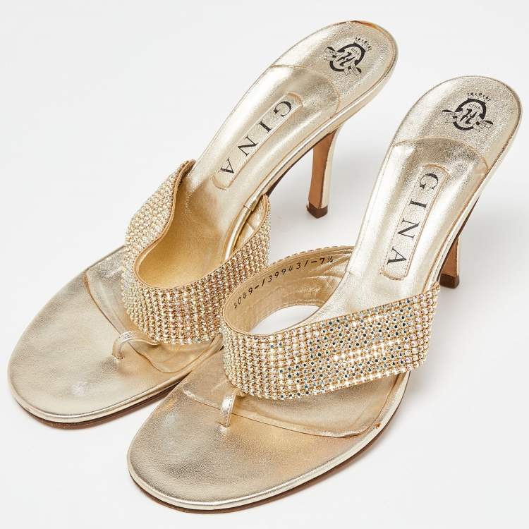 Pre Owned Gina Gold Crystal Embellished Leather Thing Slide Sandals Size 40.5