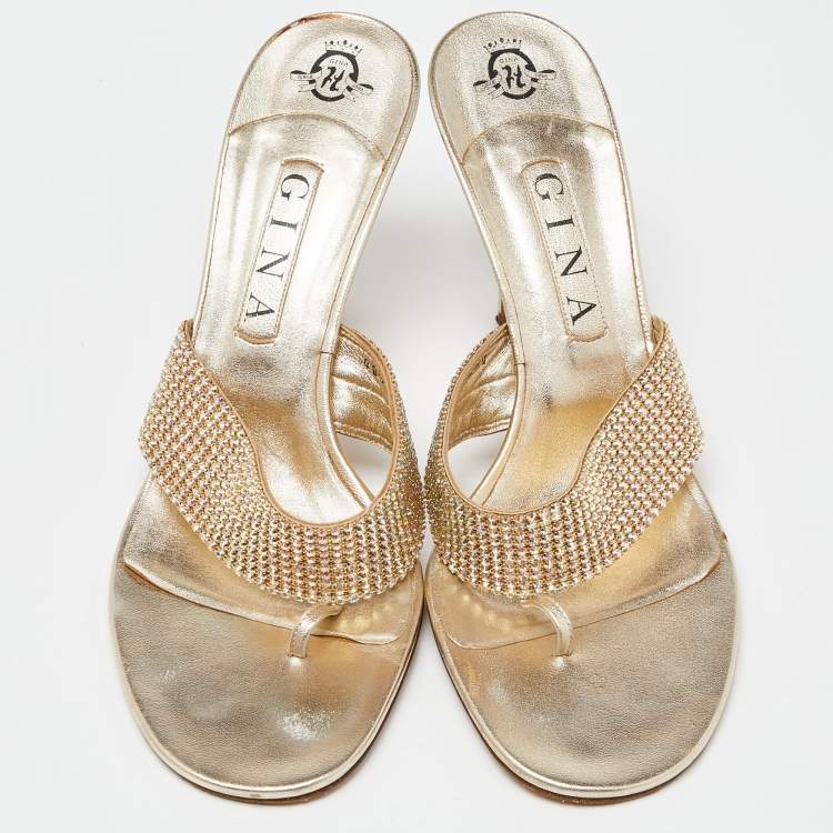Pre Owned Gina Gold Crystal Embellished Leather Thing Slide Sandals Size 40.5