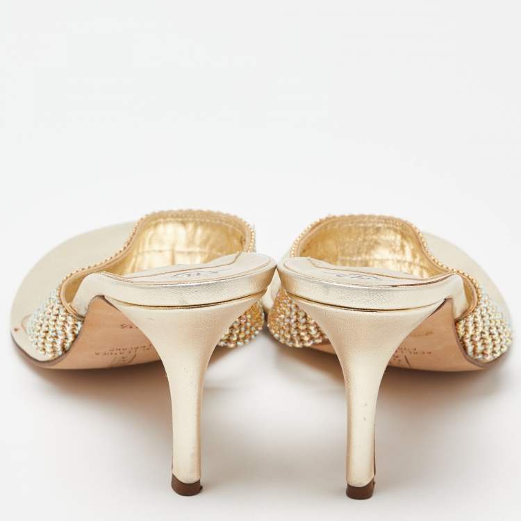 Pre Owned Gina Gold Crystal Embellished Leather Thing Slide Sandals Size 40.5