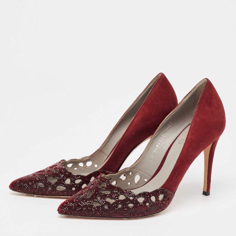 Pre Owned Gina Burgundy Suede Crystal Embellished Pointed Toe Pumps Size 37