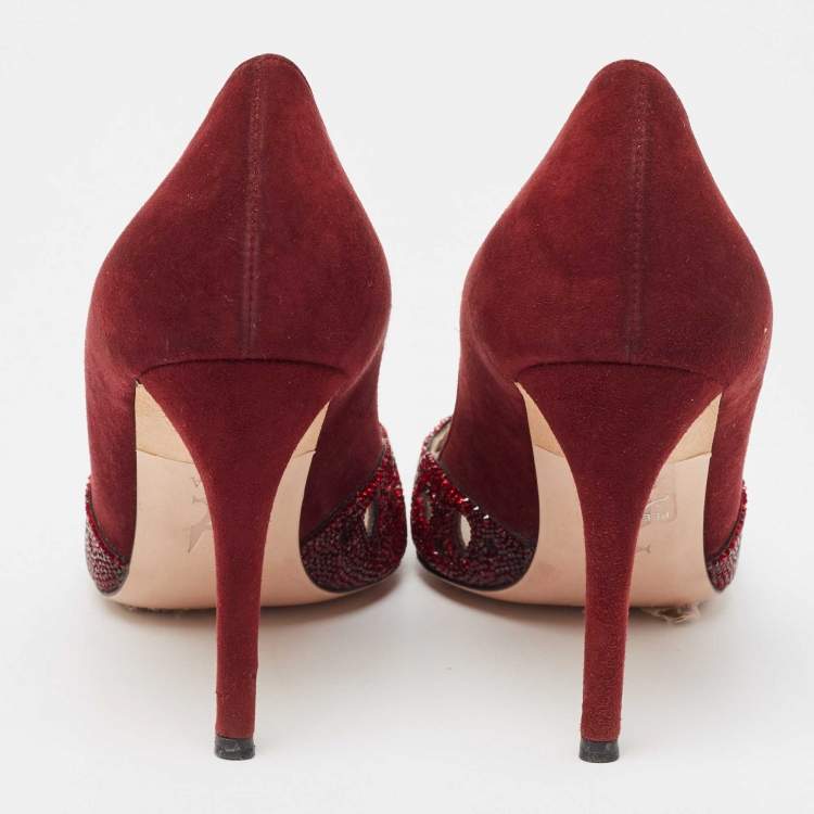 Pre Owned Gina Burgundy Suede Crystal Embellished Pointed Toe Pumps Size 37