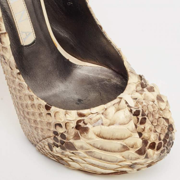 Pre Owned Gina Beige/Brown Python Leather Hoodie Platform Pumps Size 39