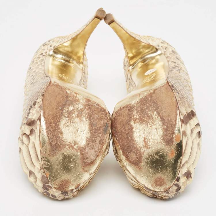 Pre Owned Gina Beige/Brown Python Leather Hoodie Platform Pumps Size 39