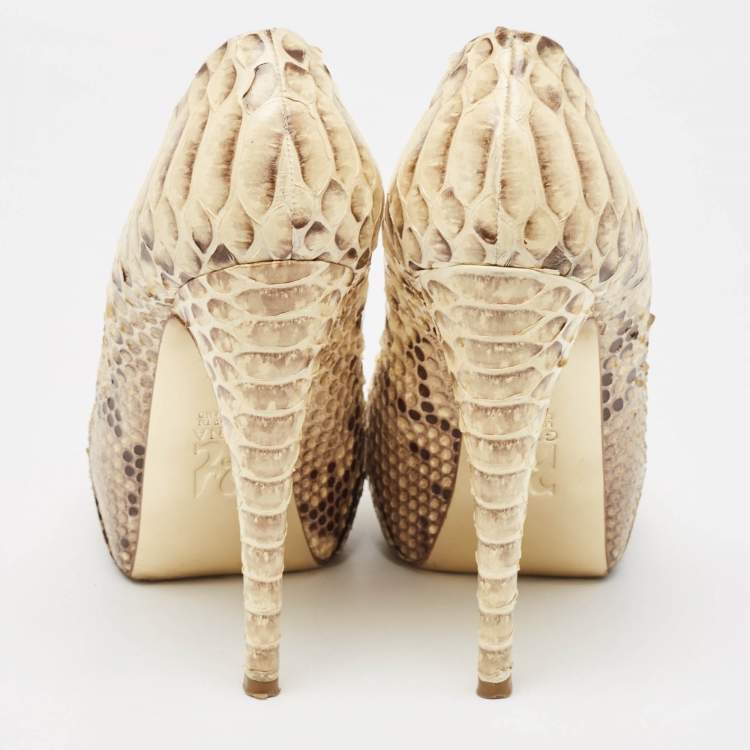 Pre Owned Gina Beige/Brown Python Leather Hoodie Platform Pumps Size 39