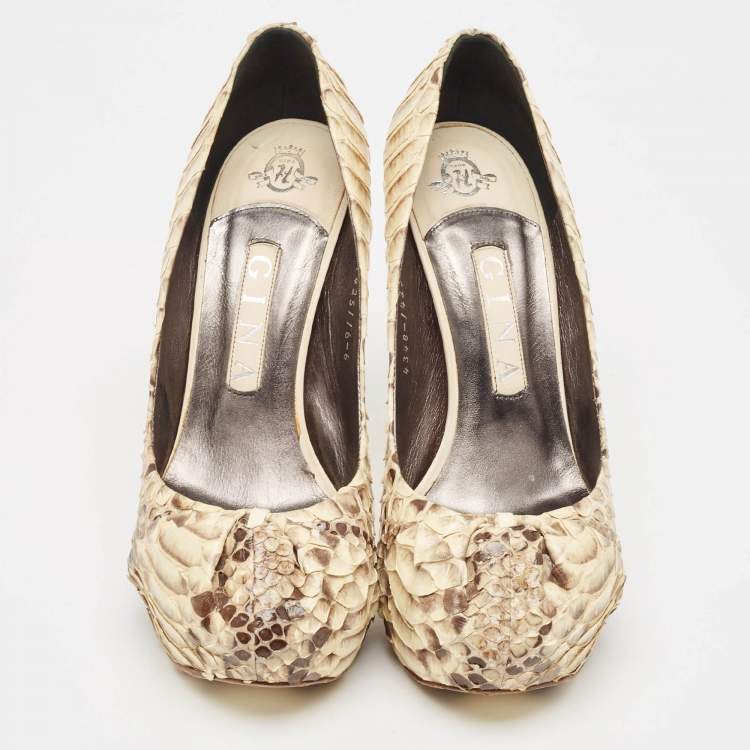 Pre Owned Gina Beige/Brown Python Leather Hoodie Platform Pumps Size 39