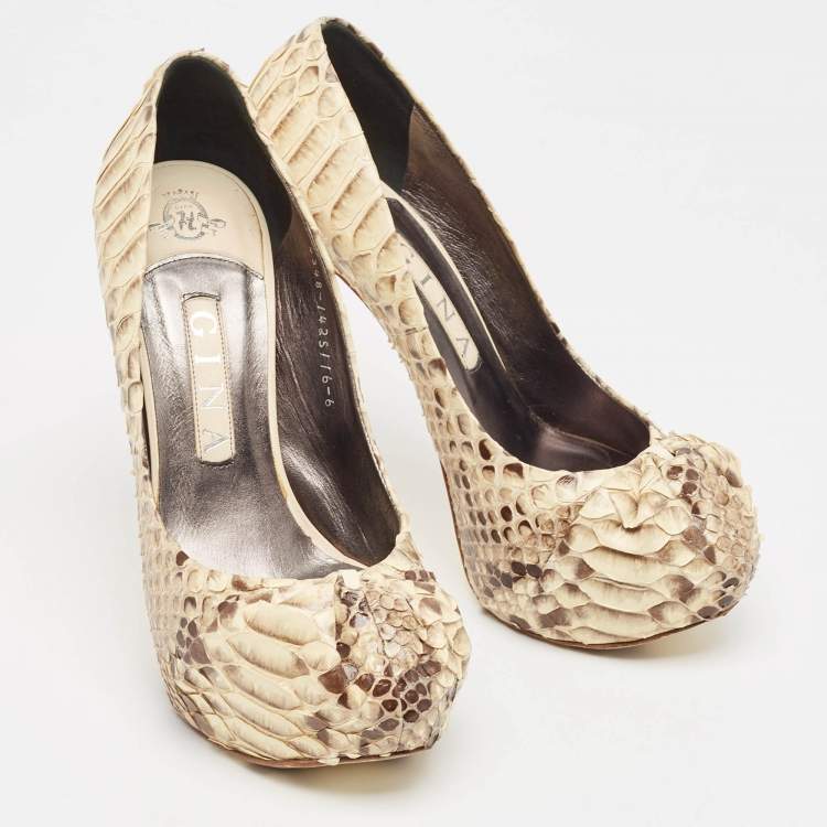 Pre Owned Gina Beige/Brown Python Leather Hoodie Platform Pumps Size 39