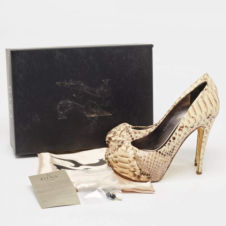 Pre Owned Gina Beige/Brown Python Leather Hoodie Platform Pumps Size 39