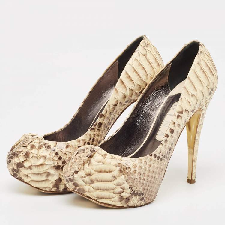 Pre Owned Gina Beige/Brown Python Leather Hoodie Platform Pumps Size 39