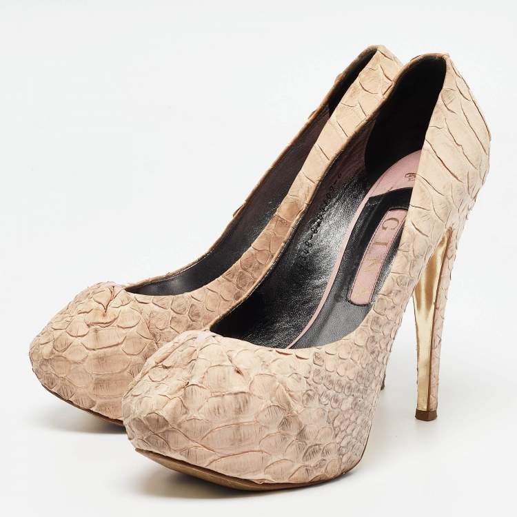 Pre Owned Gina Beige Python Leather Platform Pumps Size 39