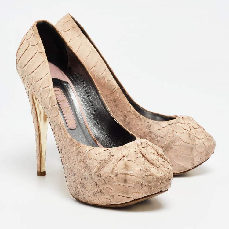 Pre Owned Gina Beige Python Leather Platform Pumps Size 39