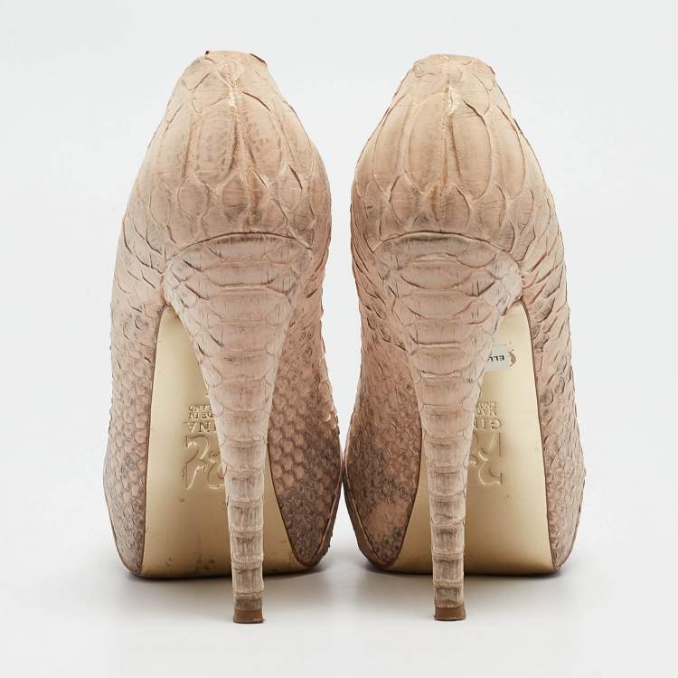 Pre Owned Gina Beige Python Leather Platform Pumps Size 39