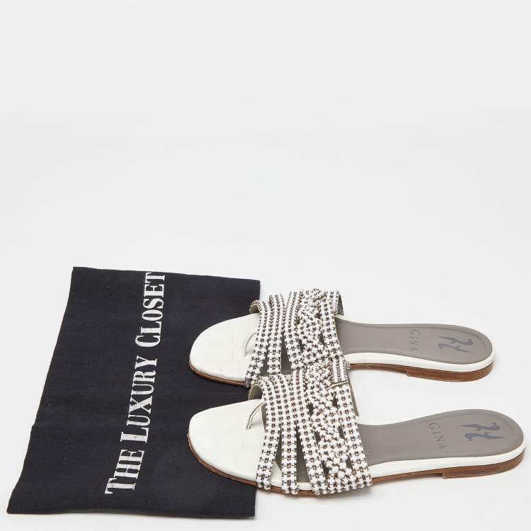 Pre Owned Gina White Crystal Embellished Leather Thong Flats Size 36