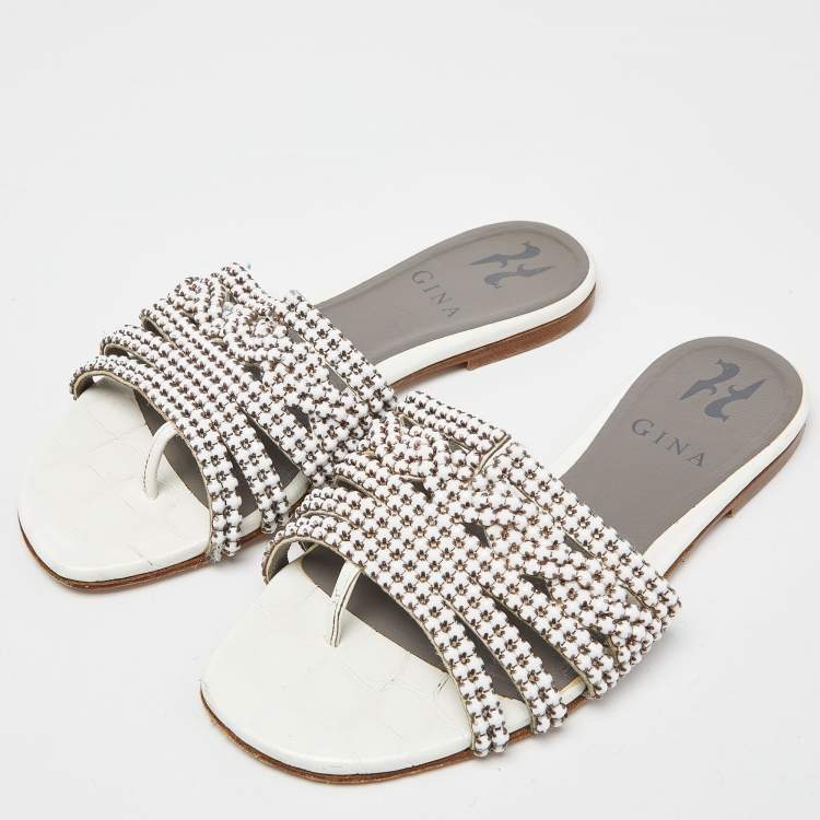 Pre Owned Gina White Crystal Embellished Leather Thong Flats Size 36