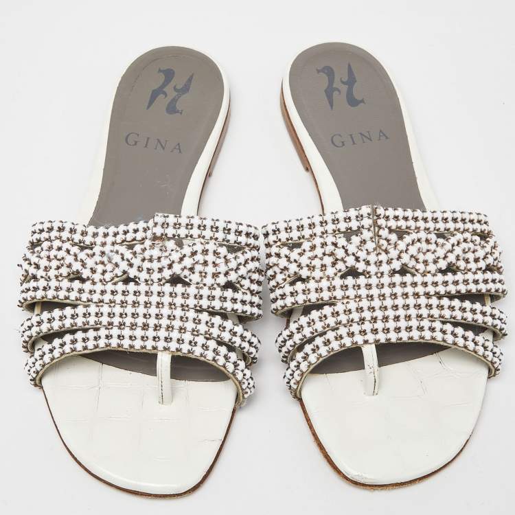 Pre Owned Gina White Crystal Embellished Leather Thong Flats Size 36