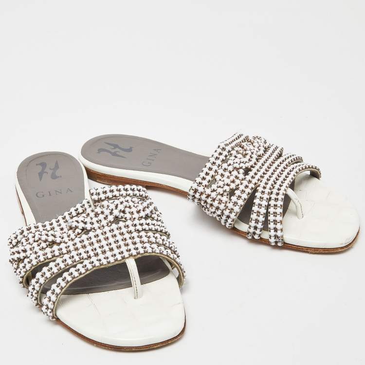 Pre Owned Gina White Crystal Embellished Leather Thong Flats Size 36