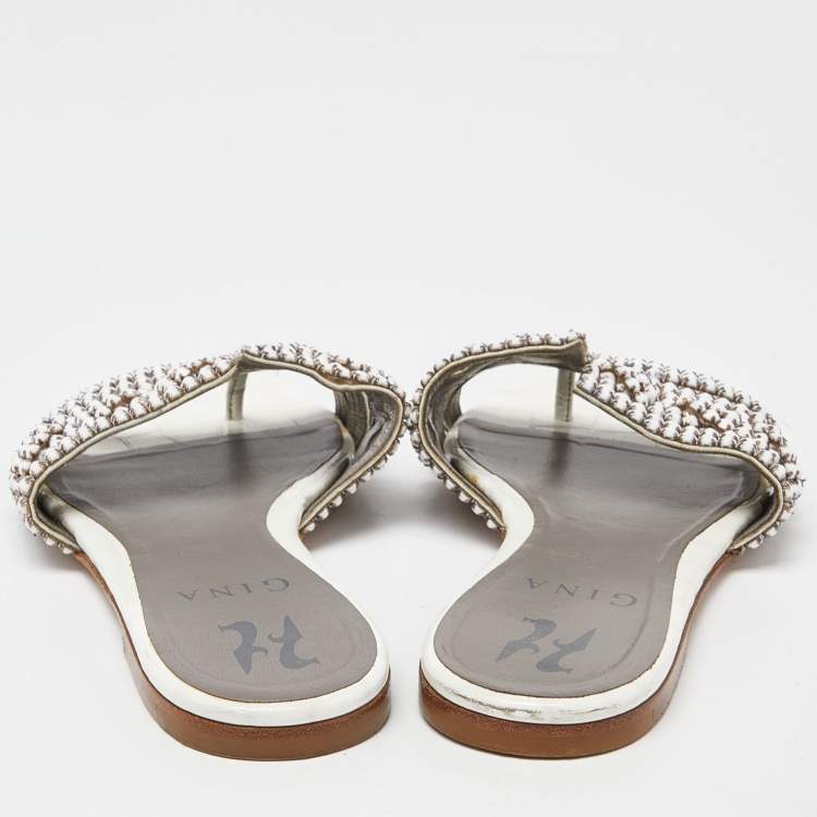 Pre Owned Gina White Crystal Embellished Leather Thong Flats Size 36