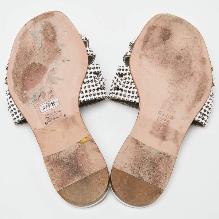 Pre Owned Gina White Crystal Embellished Leather Thong Flats Size 36