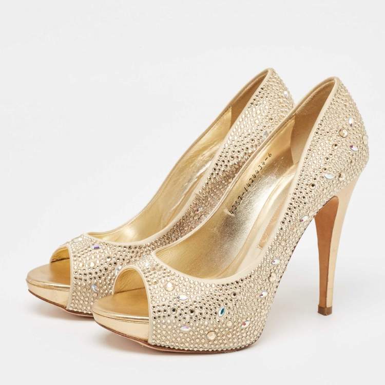 Pre Owned Gina Gold Crystal Embellished Satin Platform Open Toe Pumps Size 39