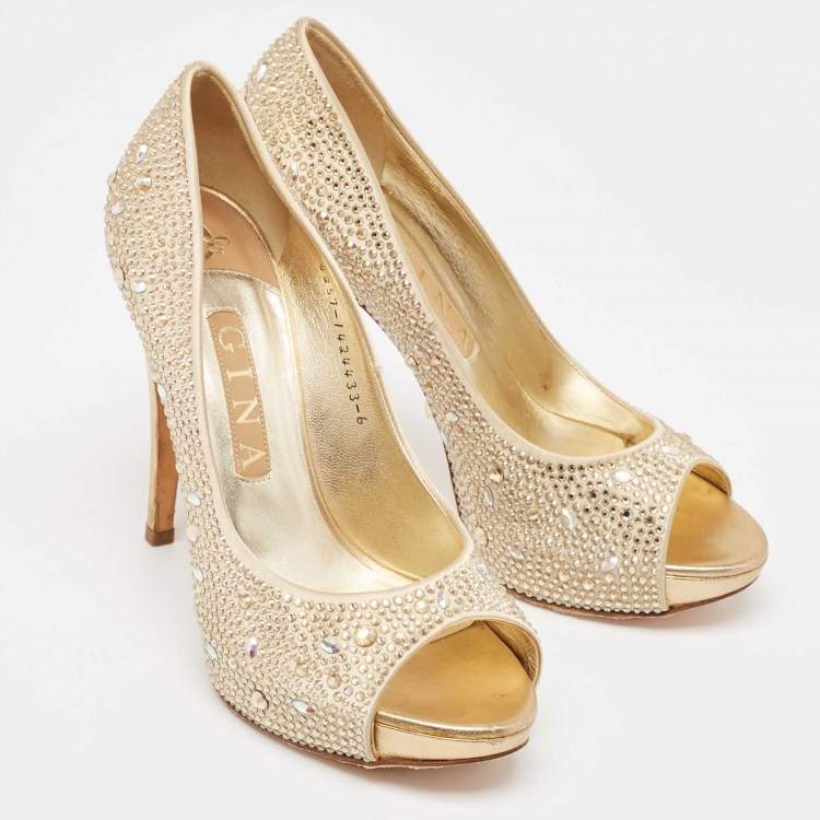 Pre Owned Gina Gold Crystal Embellished Satin Platform Open Toe Pumps Size 39