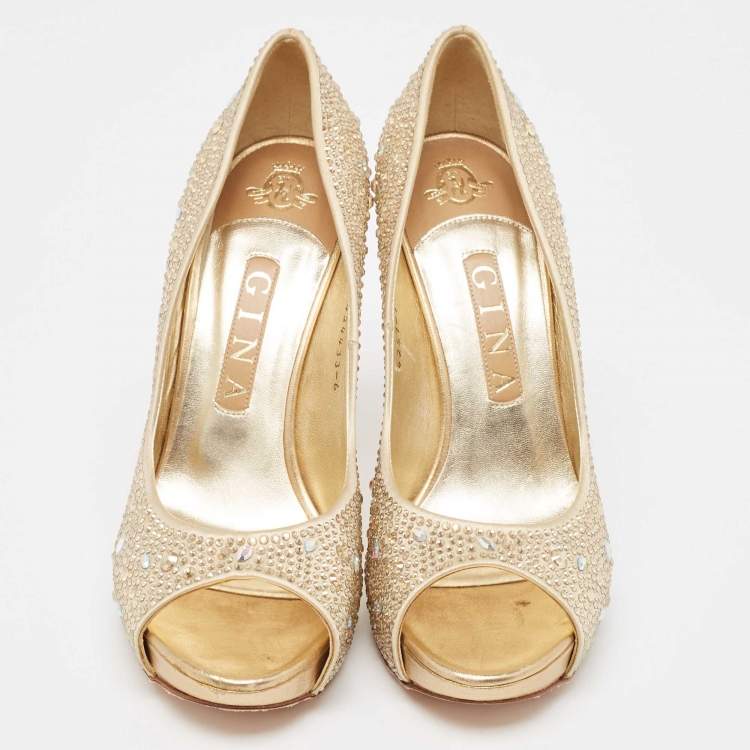 Pre Owned Gina Gold Crystal Embellished Satin Platform Open Toe Pumps Size 39