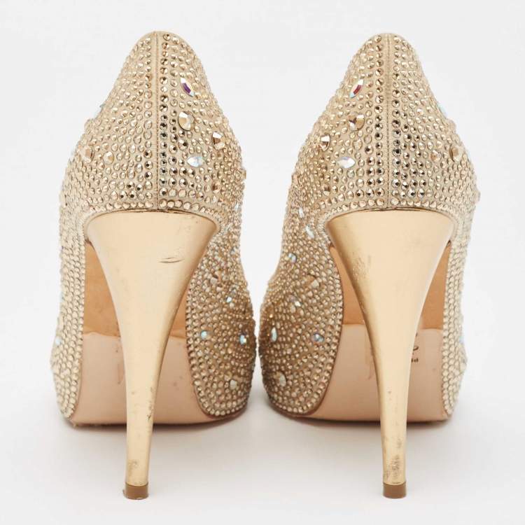 Pre Owned Gina Gold Crystal Embellished Satin Platform Open Toe Pumps Size 39