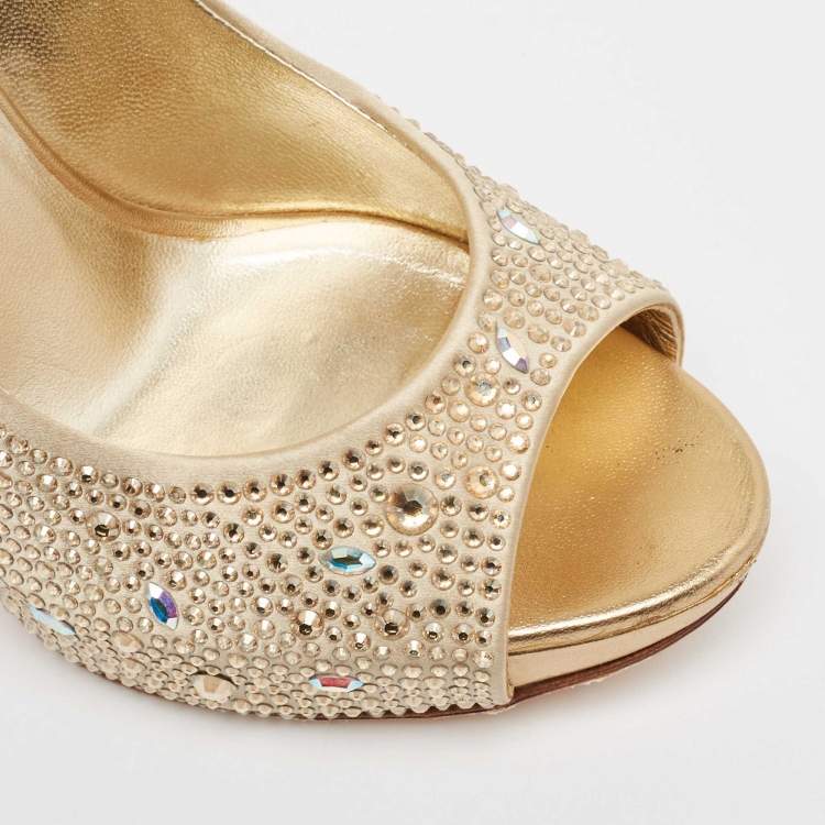 Pre Owned Gina Gold Crystal Embellished Satin Platform Open Toe Pumps Size 39