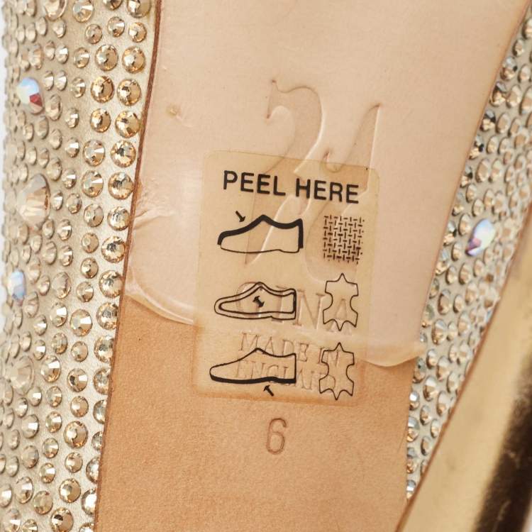 Pre Owned Gina Gold Crystal Embellished Satin Platform Open Toe Pumps Size 39