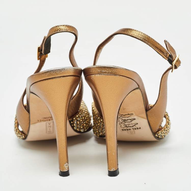 Pre Owned Gina Metallic Crystal Embellished Leather Slingback Pumps Size 37