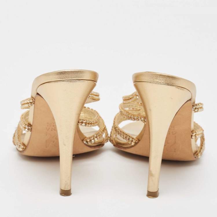 Pre Owned Gina Gold Crystal Embellished Leather Slide Sandals Size 37.5