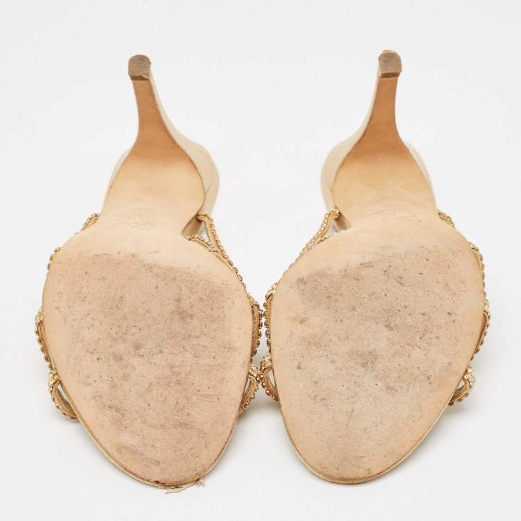Pre Owned Gina Gold Crystal Embellished Leather Slide Sandals Size 37.5