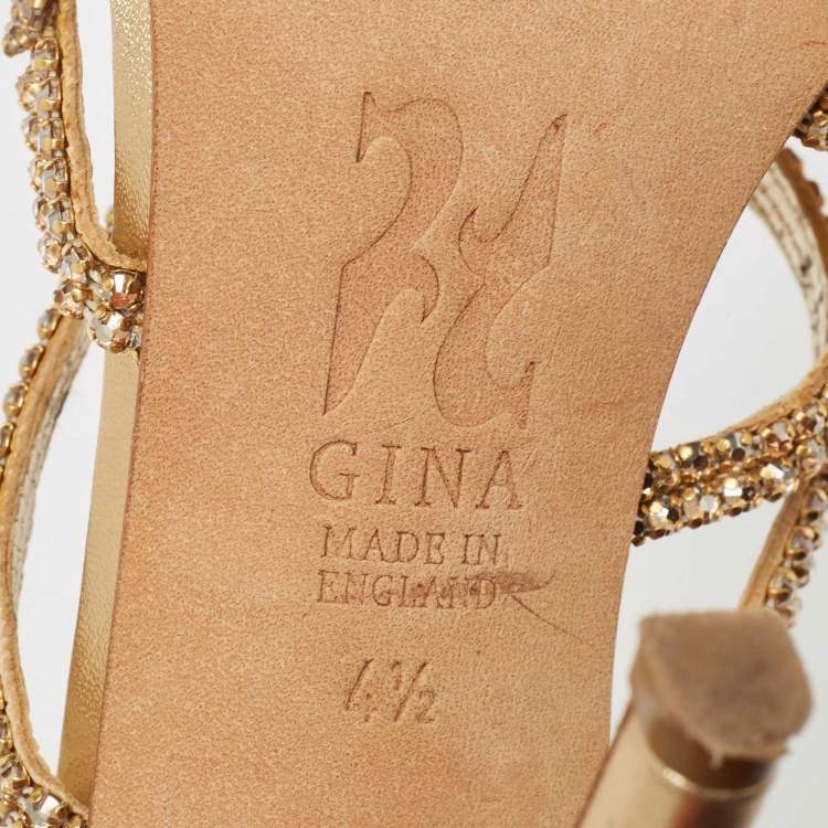 Pre Owned Gina Gold Crystal Embellished Leather Slide Sandals Size 37.5
