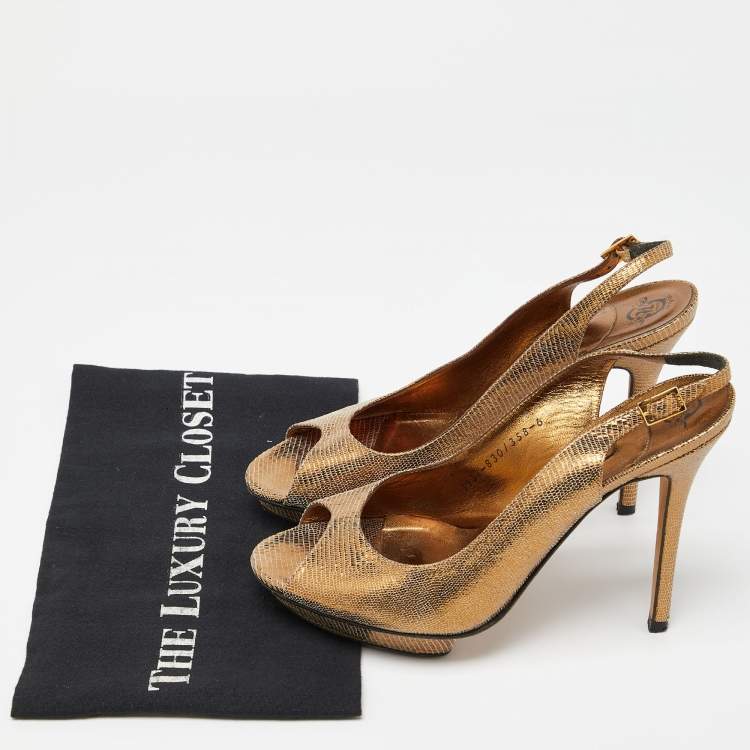 Pre Owned Gina Metallic Gold Lizard Embossed Leather Platform Peep Toe Slingback Sandals Size 39