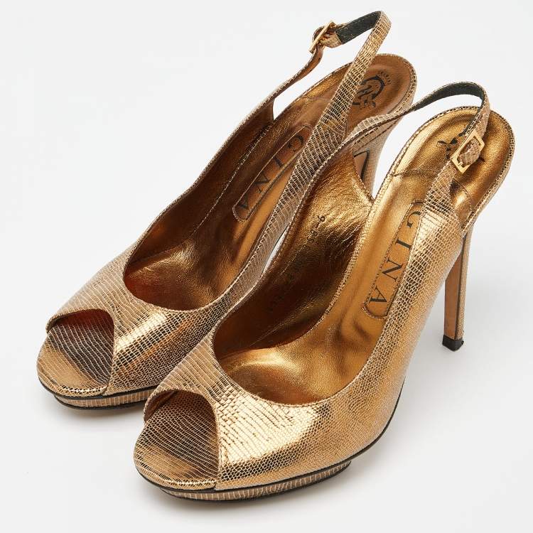 Pre Owned Gina Metallic Gold Lizard Embossed Leather Platform Peep Toe Slingback Sandals Size 39