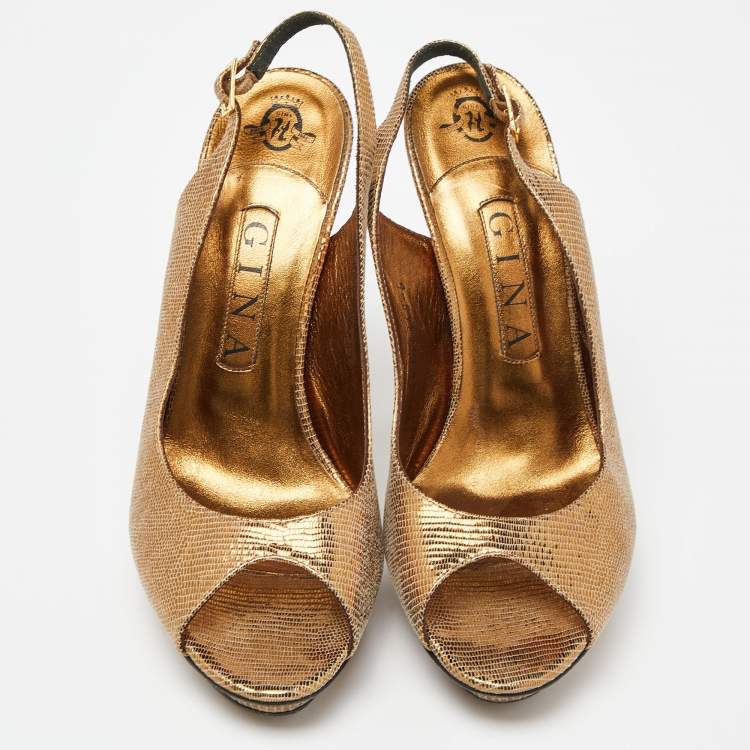 Pre Owned Gina Metallic Gold Lizard Embossed Leather Platform Peep Toe Slingback Sandals Size 39