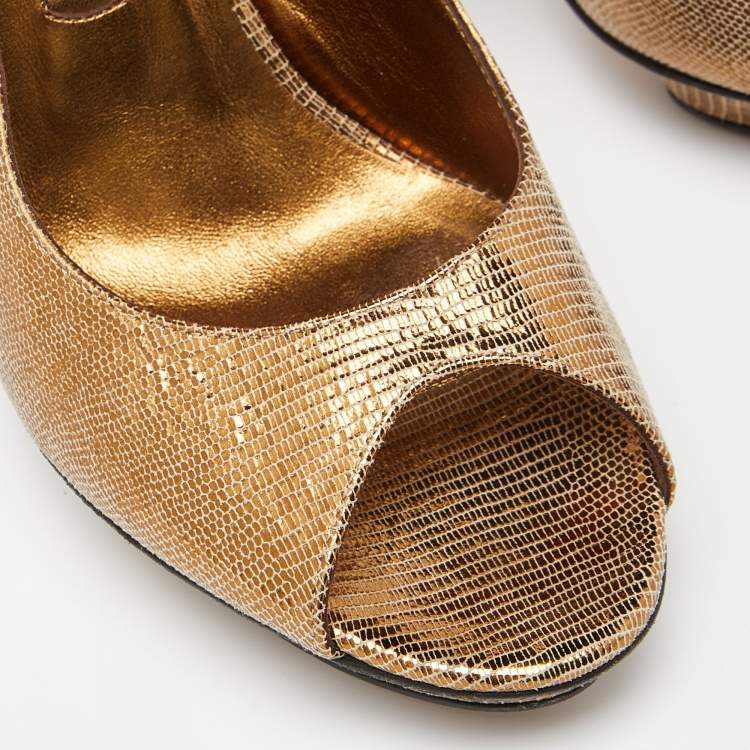 Pre Owned Gina Metallic Gold Lizard Embossed Leather Platform Peep Toe Slingback Sandals Size 39