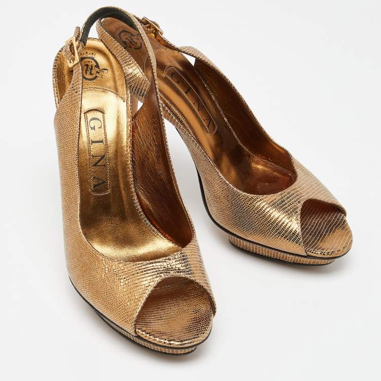 Pre Owned Gina Metallic Gold Lizard Embossed Leather Platform Peep Toe Slingback Sandals Size 39