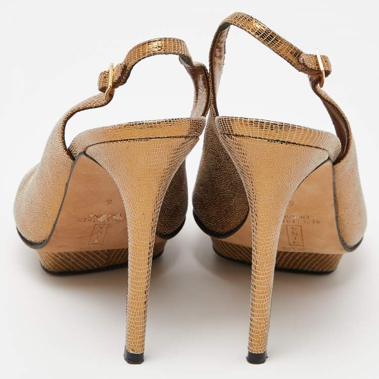 Pre Owned Gina Metallic Gold Lizard Embossed Leather Platform Peep Toe Slingback Sandals Size 39