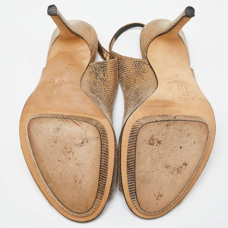 Pre Owned Gina Metallic Gold Lizard Embossed Leather Platform Peep Toe Slingback Sandals Size 39