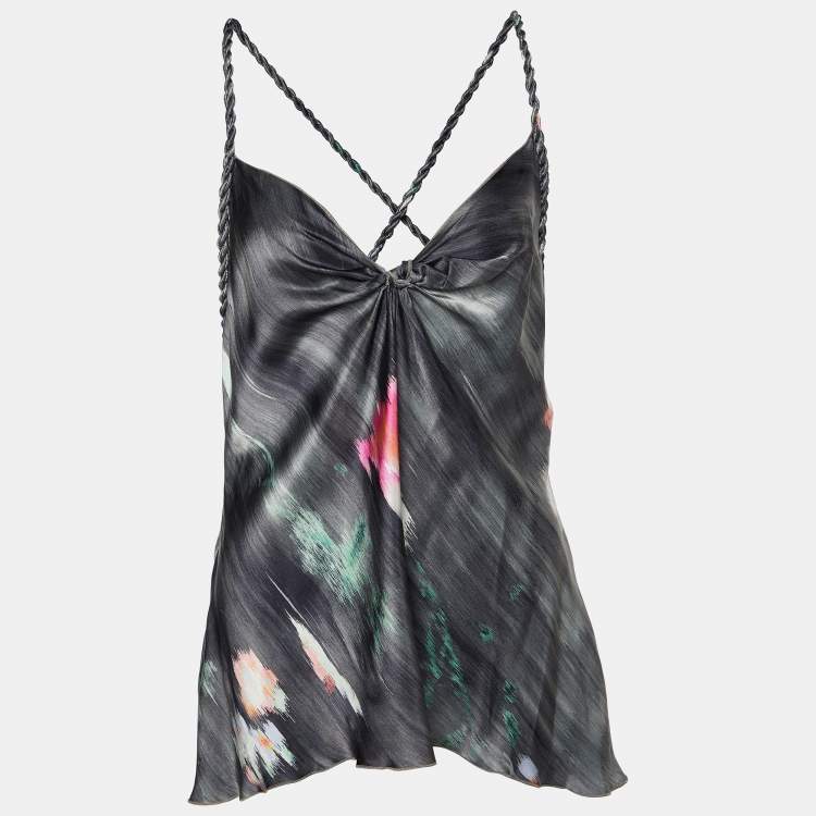 Pre Owned Giorgio Armani Grey Printed Silk Braided Strap Detail Tank Top L