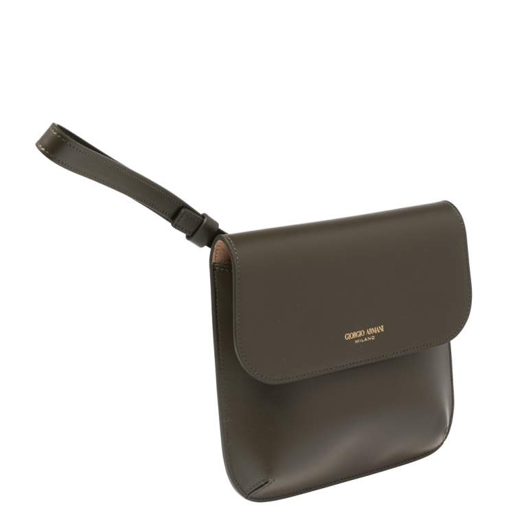 Pre Owned Giorgio Armani Military Green Leather La Prima Wristlet Pouch