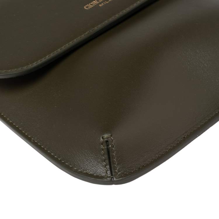 Pre Owned Giorgio Armani Military Green Leather La Prima Wristlet Pouch