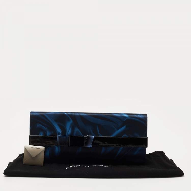 Pre Owned Giorgio Armani Navy Blue/Black Nylon and Patent Leather Oversized Bow Clutch