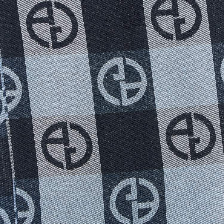 Pre Owned Giorgio Armani Blue Monogram Silk and Cotton Scarf 